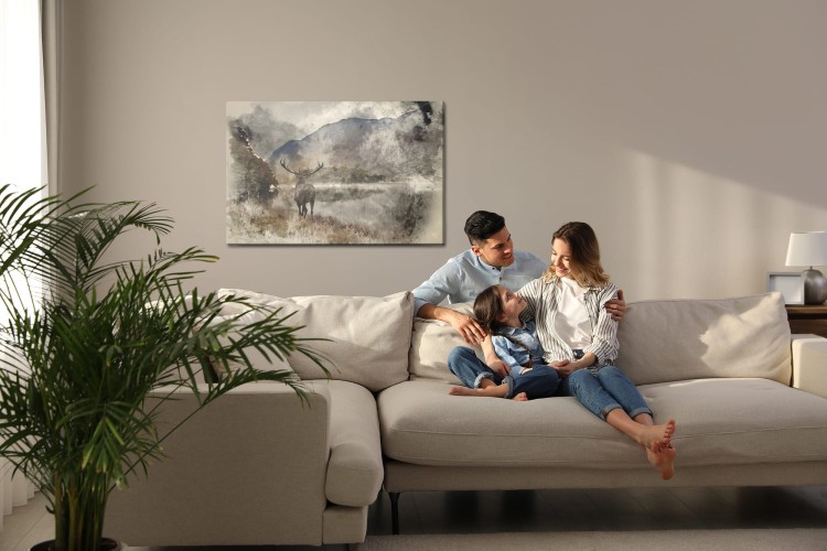 Obraz Na Płótnie Akwarelowy Pejzaż Z Jeleniem