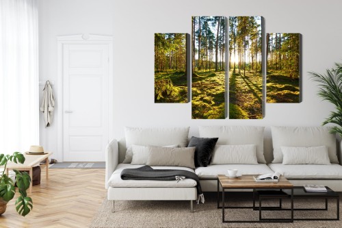 Obraz Wieloczęściowy Leśny Krajobraz Z Zachodem Słońca