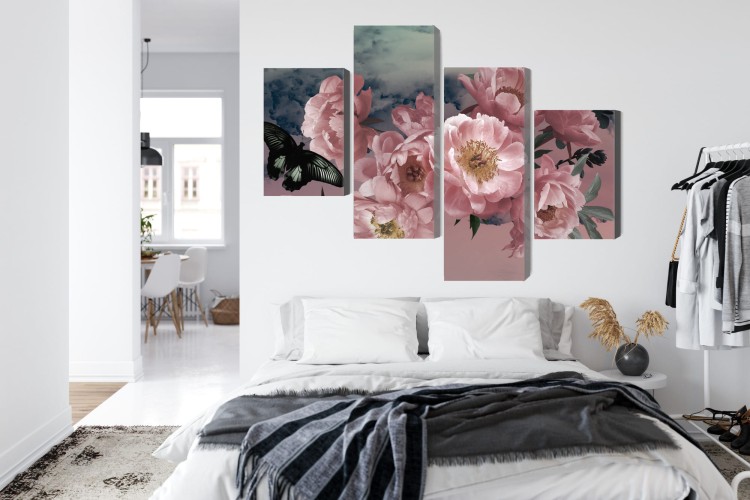 Obraz Wieloczęściowy Bukiet Kwiatów I Motyl