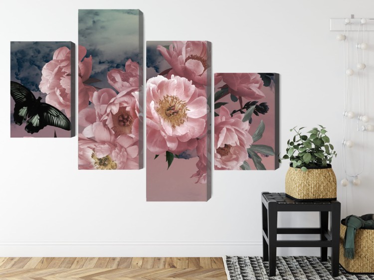 Obraz Wieloczęściowy Bukiet Kwiatów I Motyl