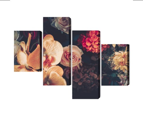 Obraz Wieloczęściowy Wielokolorowe Kwiaty W Stylu Vintage