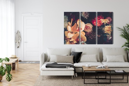 Obraz Wieloczęściowy Wielokolorowe Kwiaty W Stylu Vintage
