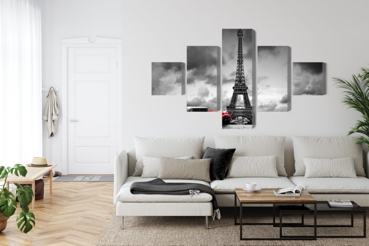 Obraz Wieloczęściowy Czarno-Biały Widok Na Wieżę Eiffla I Samochód Retro