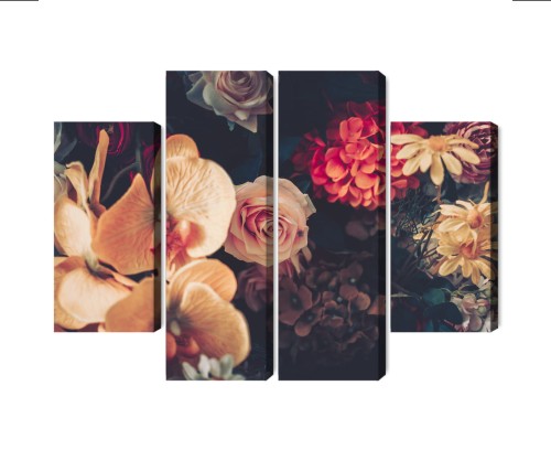 Obraz Wieloczęściowy Wielokolorowe Kwiaty W Stylu Vintage