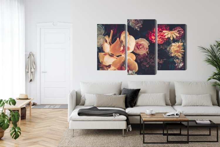 Obraz Wieloczęściowy Wielokolorowe Kwiaty W Stylu Vintage
