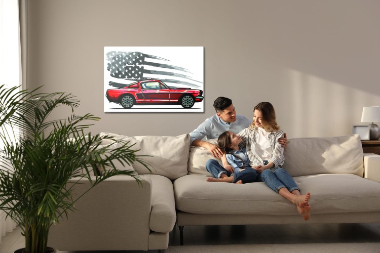 Obraz Na Płótnie Samochód Sportowy Na Szarym Tle Retro Flagi Usa