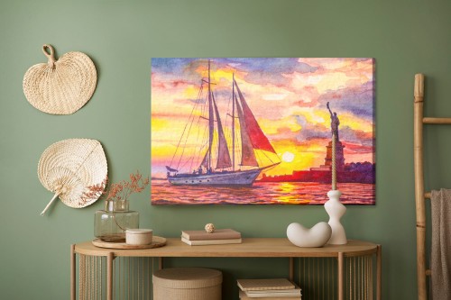 Obraz Na Płótnie Żaglówka I Statua Wolności O Zachodzie Słońca
