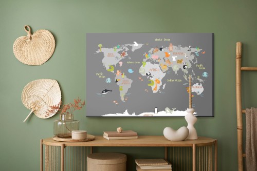 Obraz Na Płótnie Mapa Świata Ze Zwierzątkami
