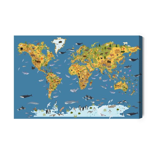 Obraz Na Płótnie Mapa Świata Ze Zwierzętami Dla Dzieci